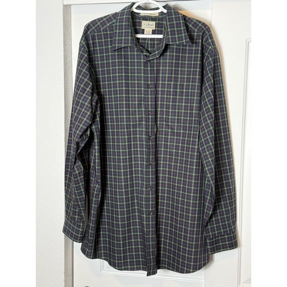 LL Bean Mens XL Tall Wrinkle Resistant Plaid Long Sleeve Button Down Shirt